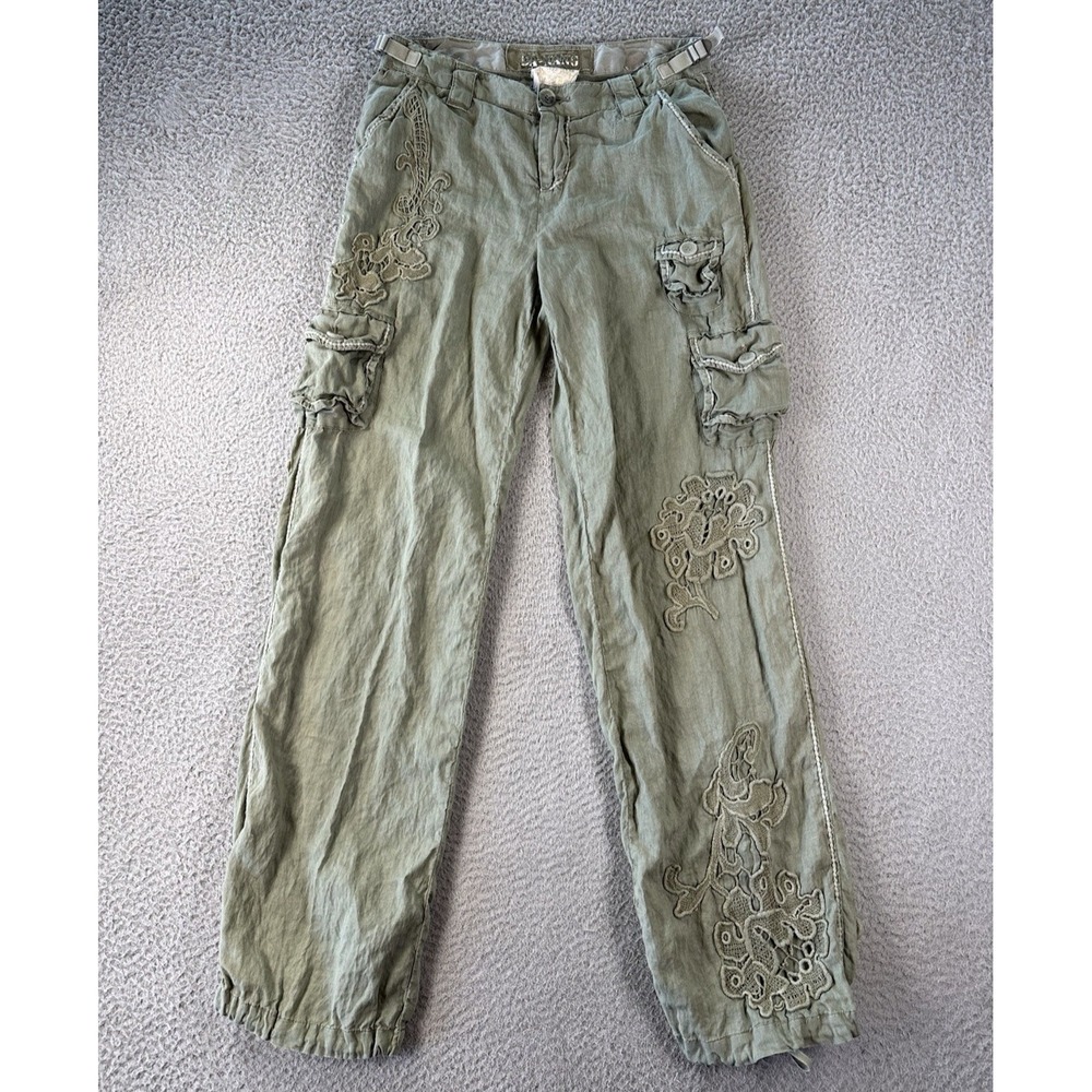 Vintage Da Nang Linen Cargo Pants Womens Small Asian Floral Embroidered Y2K